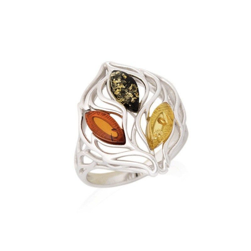 Baltic Sea amber multi-stone ring, shuttle, in rhodium-plated 925 silver