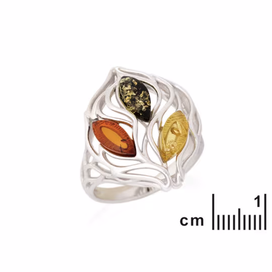 Bague multipierres en ambre de la mer Baltique navette, en argent 925 rhodié
