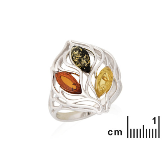 Baltic Sea amber multi-stone ring, shuttle, in rhodium-plated 925 silver