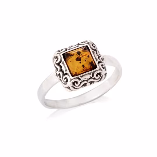 Bague carrée en ambre cognac naturel, en argent 925 vieilli