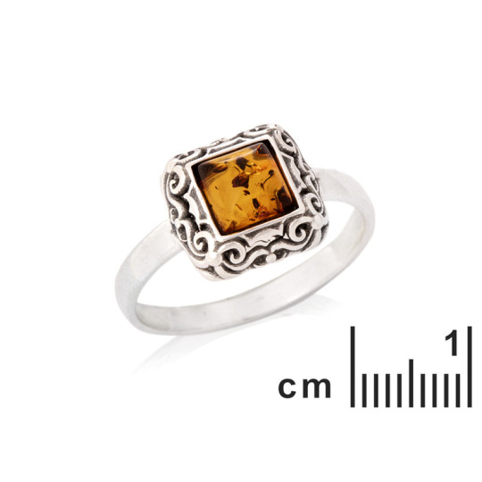 Square ring in natural cognac amber, in aged 925 silver
