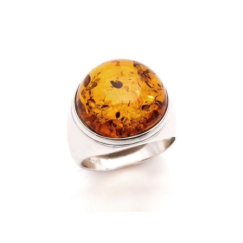 Anillo sello de ámbar natural del mar Báltico, redondo, en plata 925 rodiada.