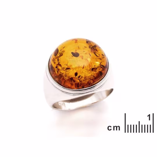 Anillo sello de ámbar natural del mar Báltico, redondo, en plata 925 rodiada.