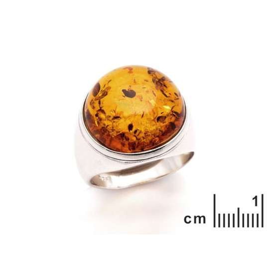 Natural Baltic Sea amber Signet ring , round, in rhodium-plated 925 silver