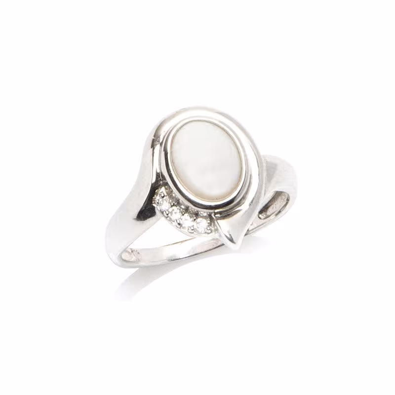 Opal and zirconium oxide ring, in rhodium-plated 925 silver