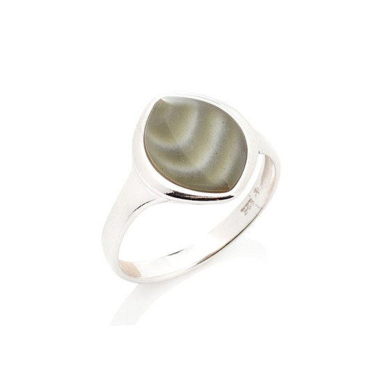 Anello navetta in selce naturale a strisce multicolori, in argento 925 rodiato