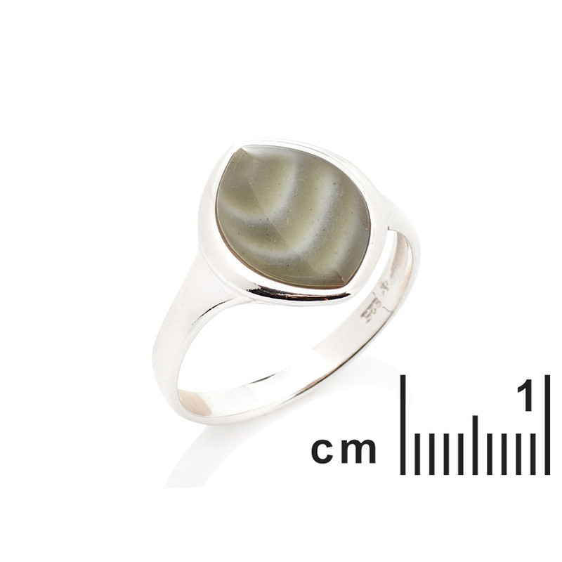 Anello navetta in selce naturale a strisce multicolori, in argento 925 rodiato