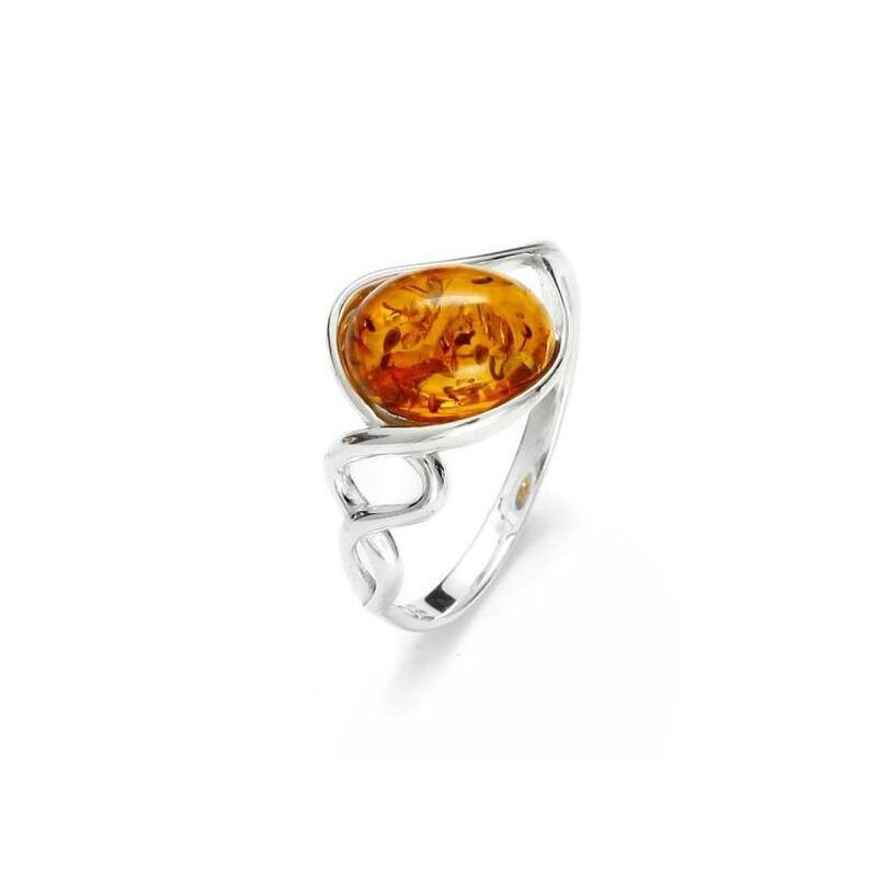 Oval natural Baltic Sea cognac amber ring, rhodium-plated 925 silver