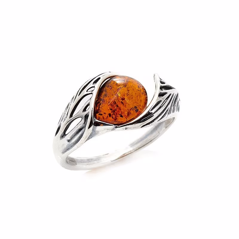 Natural Baltic Sea cognac amber drop ring, in aged 925 silver