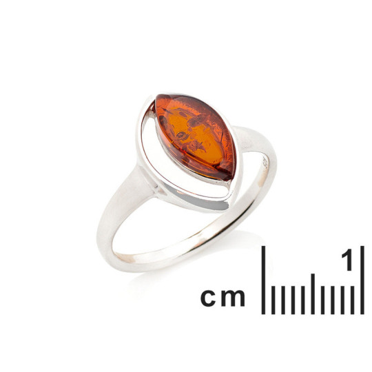 Bague en ambre cognac naturel de la mer Baltique navette, en argent 925 rhodié
