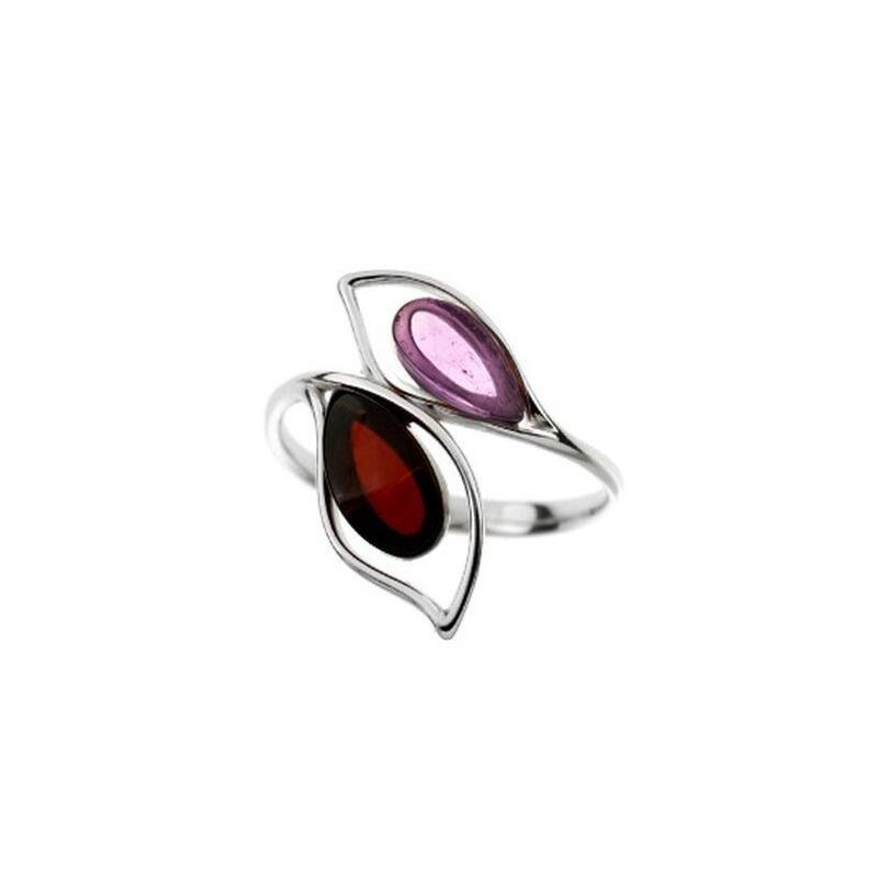 Mehrsteinring aus Amethyst und Bernstein, in rhodiniertem 925er Silber