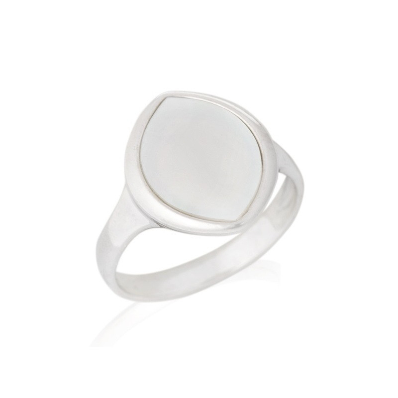 Bague en nacre blanche naturelle navette, en argent 925 rhodié