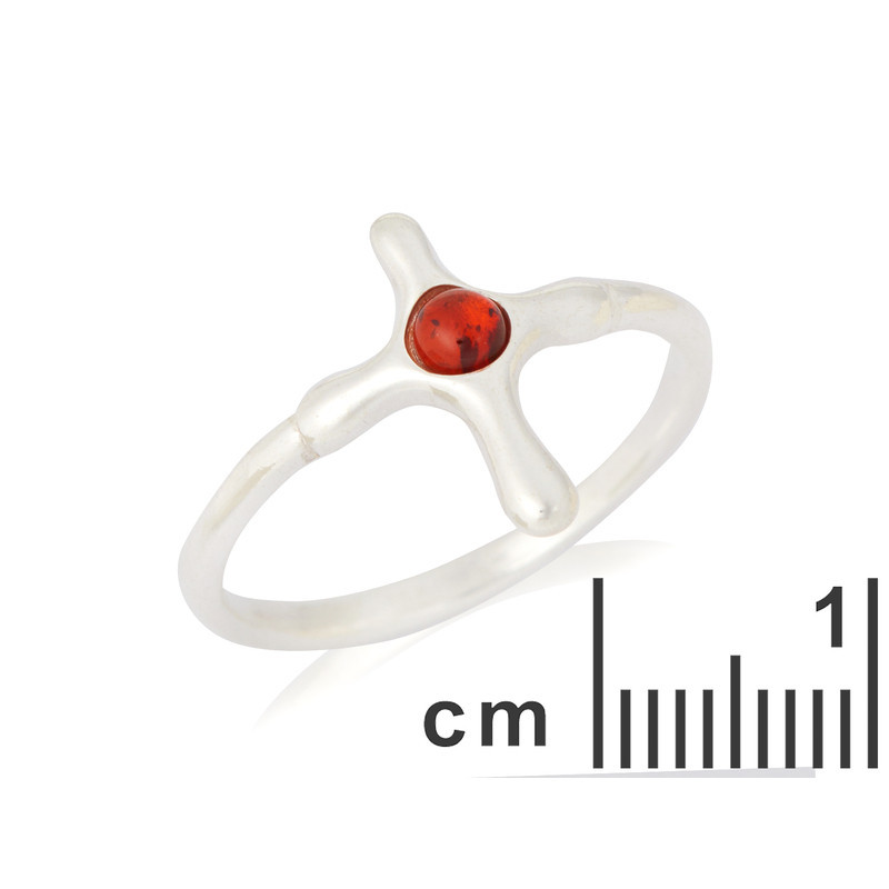 Anillo de cruz de ámbar coñac natural redondo, en plata 925 rodiada