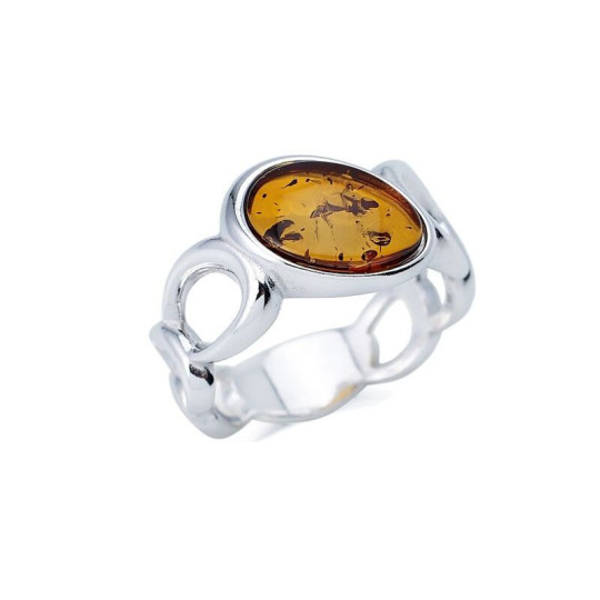 Oval Baltic Sea cognac amber ring, rhodium-plated 925 silver
