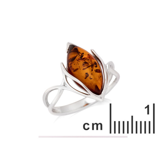 Natural cognac amber ring from the Baltic Sea, navette, in rhodium-plated 925 silver