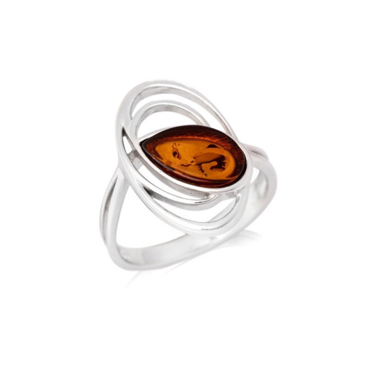 Anillo ovalado en gota de ámbar coñac natural, en plata 925 rodiada