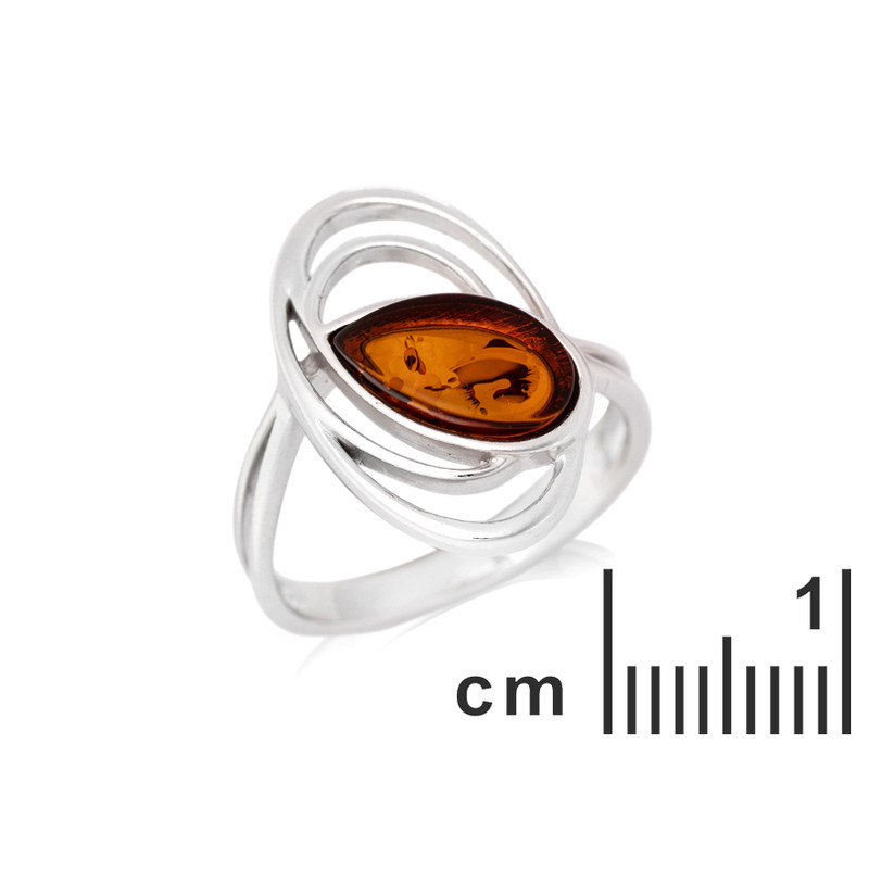 Bague ovale en ambre cognac naturel goutte, en argent 925 rhodié