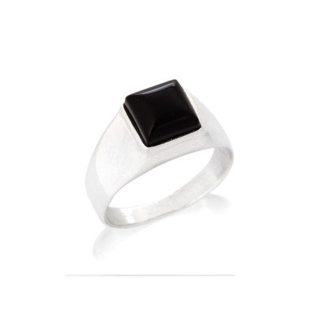 Square natural black onyx Signet ring , in rhodium-plated 925 silver