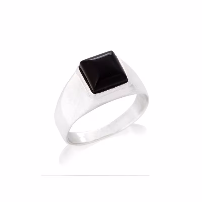 Chevalière en onyx noir naturel carrée, en argent 925 rhodié