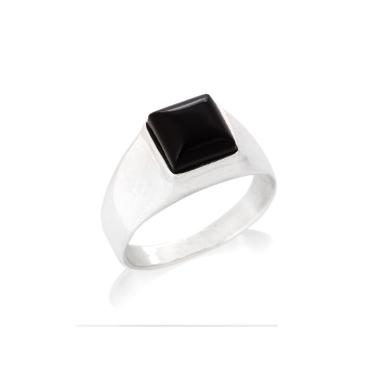 Chevalière en onyx noir naturel carrée, en argent 925 rhodié