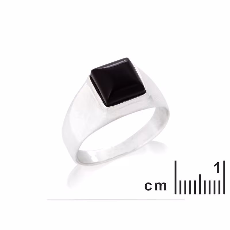 Chevalière en onyx noir naturel carrée, en argent 925 rhodié