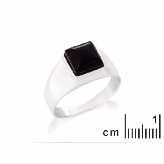 Chevalière en onyx noir naturel carrée, en argent 925 rhodié