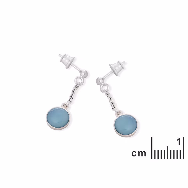 Round blue agate drop earrings, rhodium-plated 925 silver