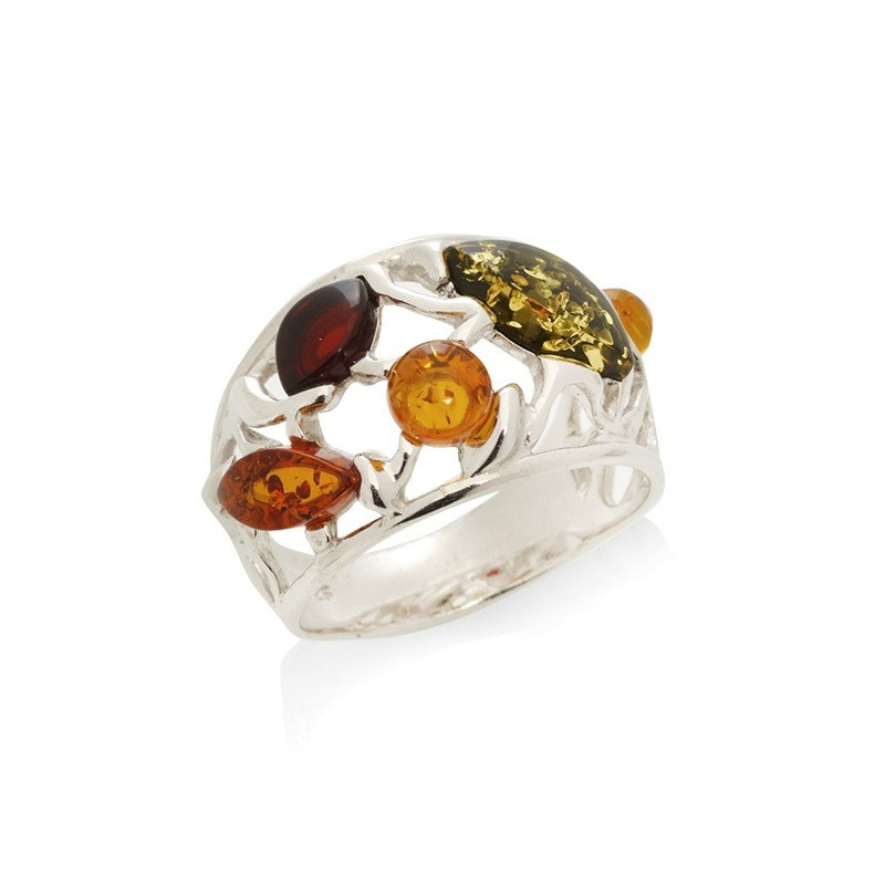 Anello multipietra in ambra del Mar Baltico, a navetta, in argento 925 rodiato