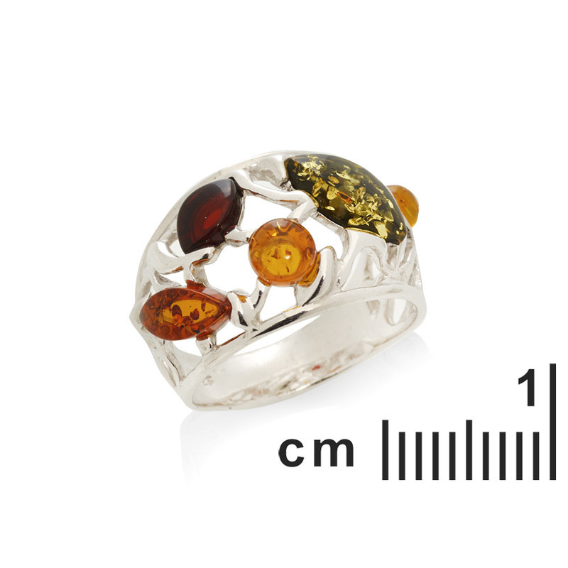 Anello multipietra in ambra del Mar Baltico, a navetta, in argento 925 rodiato