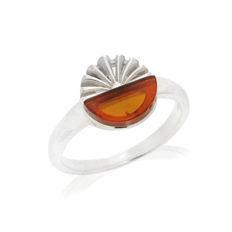 Bague en ambre cognac de la mer Baltique demi-cercle, en argent 925 rhodié