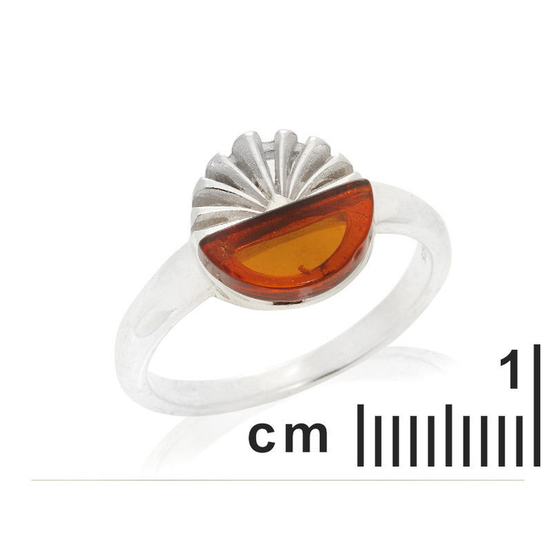 Anello in ambra cognac del Mar Baltico, semicerchio, argento 925 rodiato