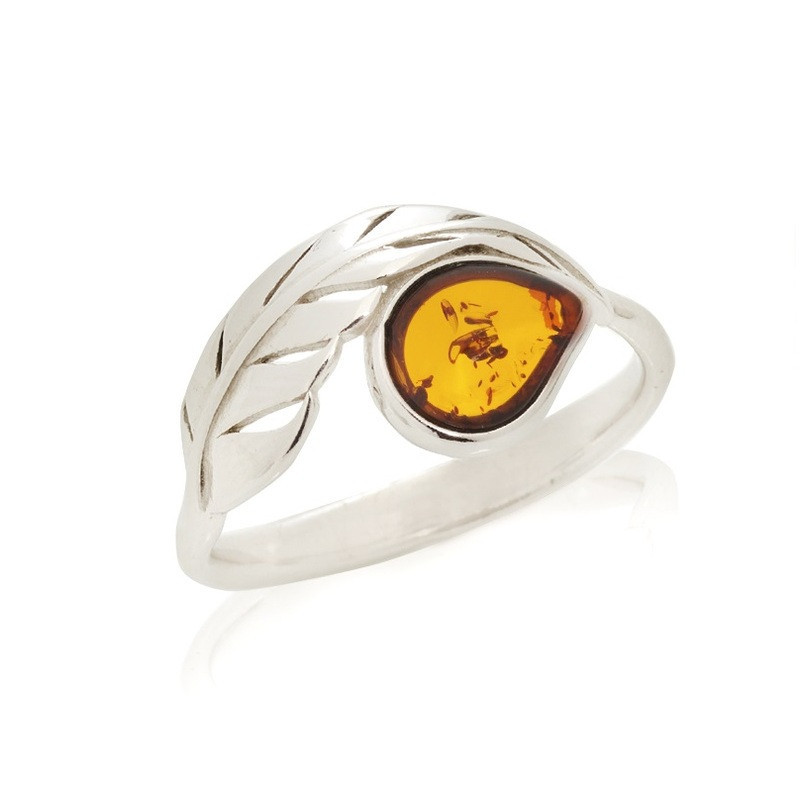 Baltic Sea cognac amber drop ring, rhodium-plated 925 silver