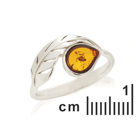 Baltic Sea cognac amber drop ring, rhodium-plated 925 silver