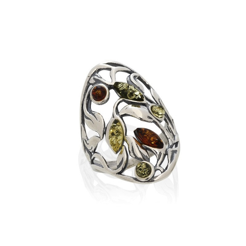Anello multipietra in ambra del Mar Baltico, a forma di navette, in argento 925 invecchiato