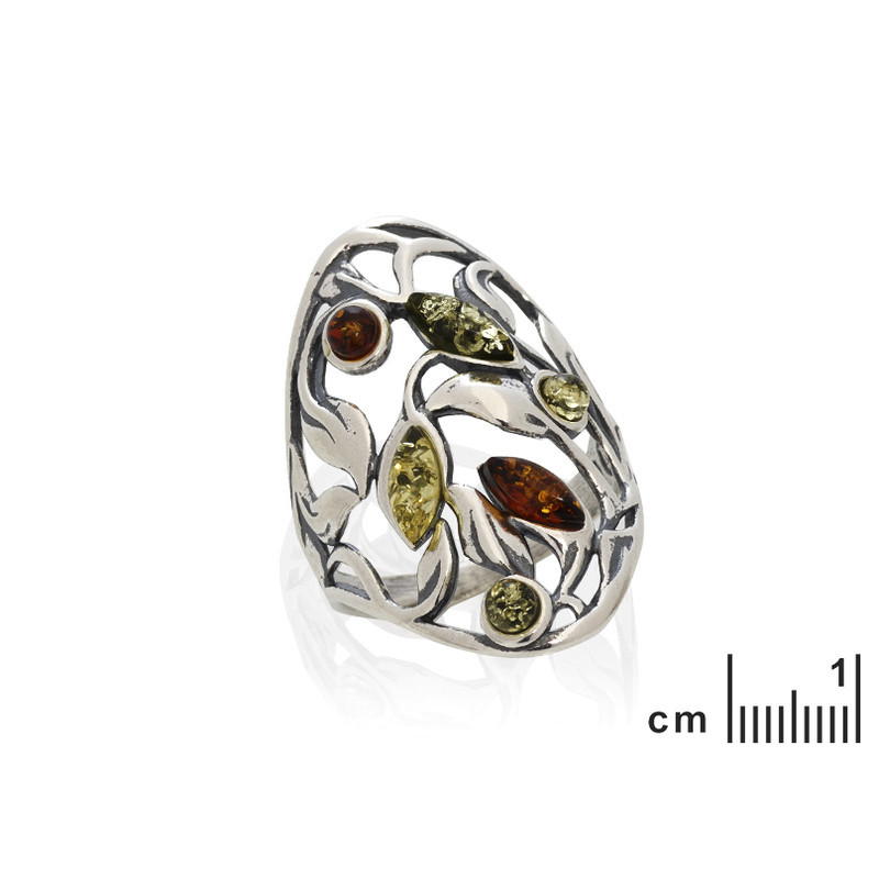 Anello multipietra in ambra del Mar Baltico, a forma di navette, in argento 925 invecchiato