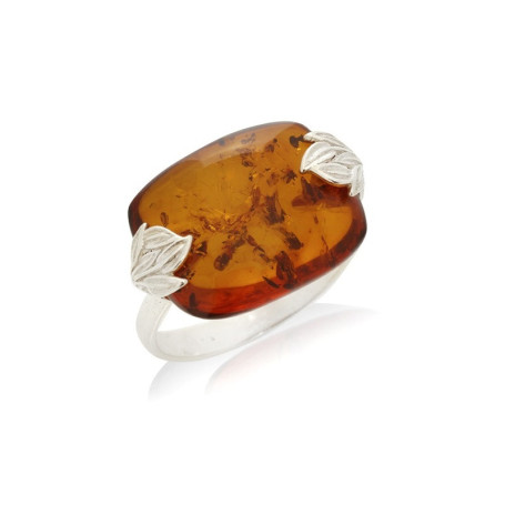 Large rectangular cognac amber stone ring, in rhodium-plated 925 silver