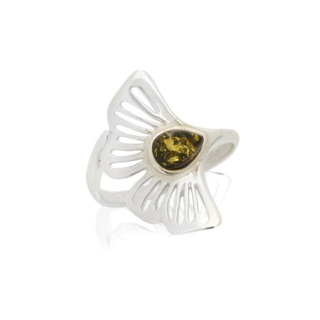 Natural green amber drop gingko ring, in rhodium-plated 925 silver