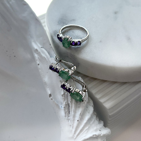 Multi-stone ring in oval aventurine and amethyst, in rhodium-plated 925 silver