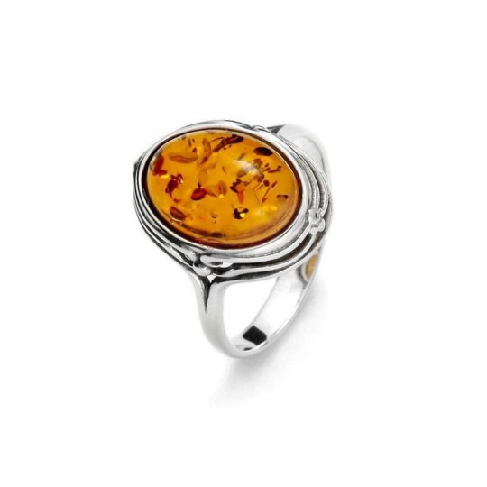 Bague grande pierre en ambre cognac ovale, en argent 925 rhodié