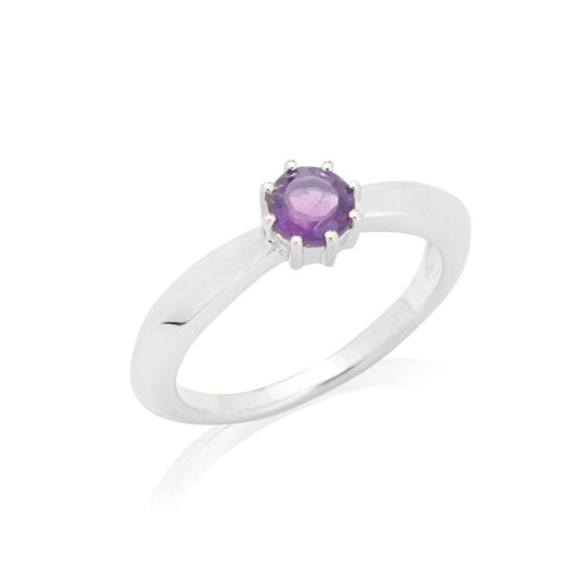 Natural round purple amethyst ring, rhodium-plated 925 silver