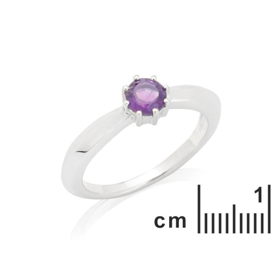 Natural round purple amethyst ring, rhodium-plated 925 silver