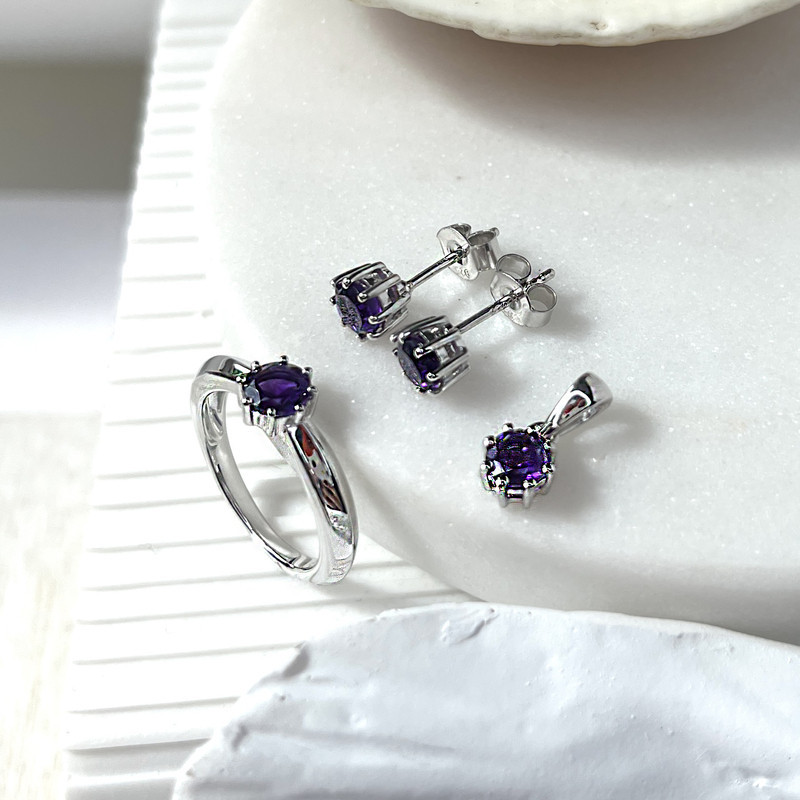 Natural round purple amethyst ring, rhodium-plated 925 silver