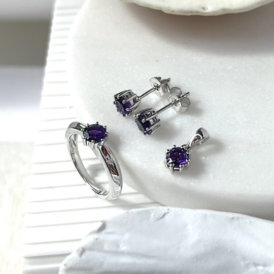 Natural round purple amethyst ring, rhodium-plated 925 silver