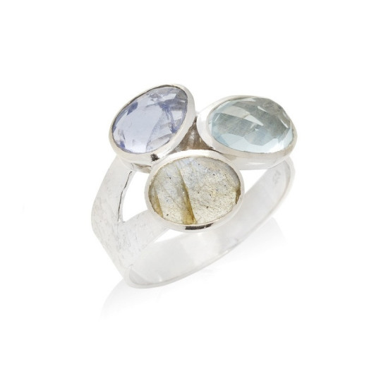 Irregular multi-stone ring, in rhodium-plated 925 silver