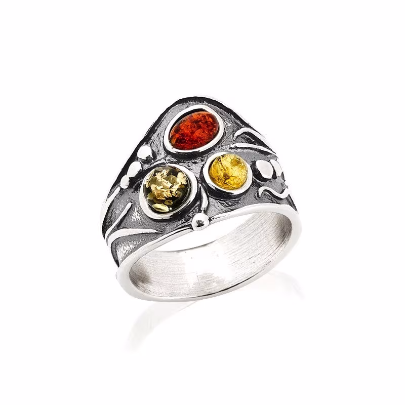 Bague multipierres en ambre de la mer Baltique ovale, en argent 925 vieilli