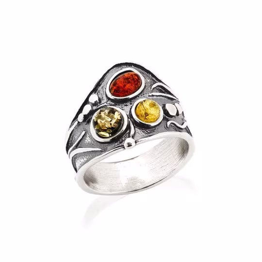 Oval Baltic Sea amber multi-stone ring in aged 925 silver