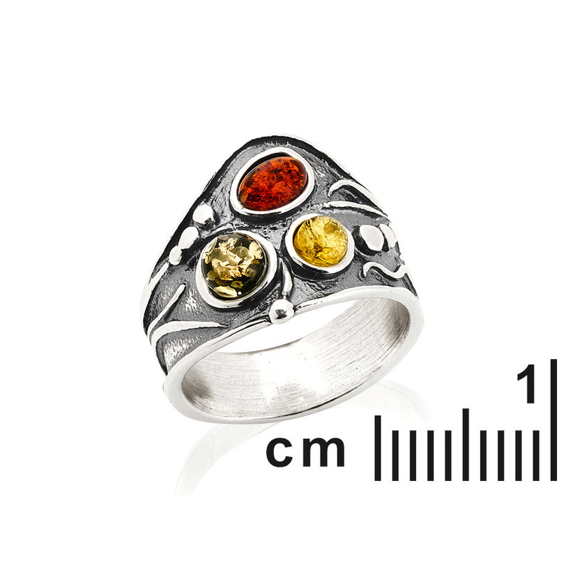 Oval Baltic Sea amber multi-stone ring in aged 925 silver