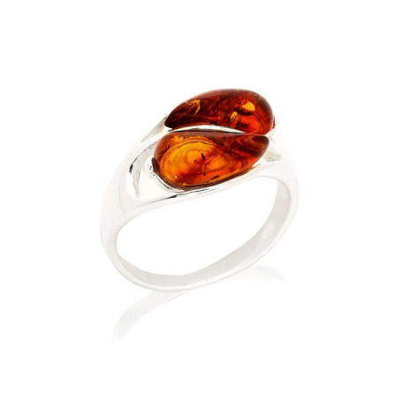 Anello multipietra in ambra color cognac a goccia, in argento 925 rodiato