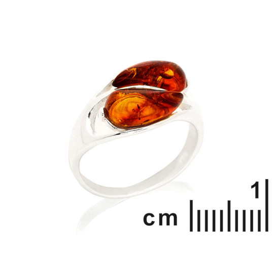 Anillo multipiedra en gota de ámbar coñac, en plata 925 rodiada