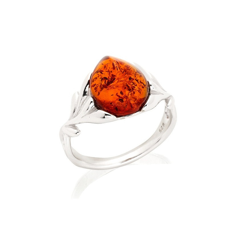 Bague en ambre cognac naturel de la mer Baltique goutte, en argent 925 rhodié